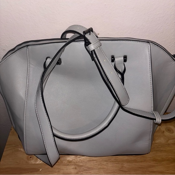 Structured Large Light Gray Satchel Handbag with Shoulder Strap, Crossbody - Picture 2 of 11